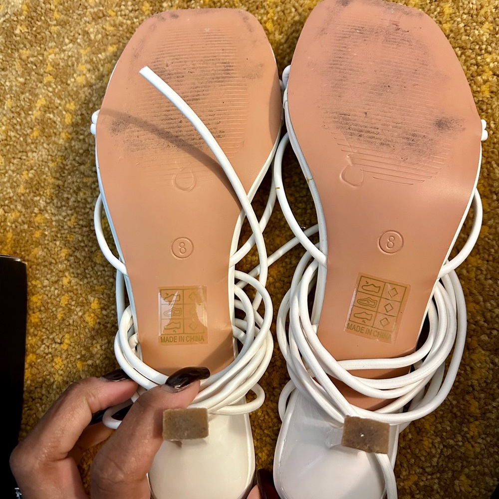 PrettyLittleThing White Strappy Lace-Up Kitten Heel Sandals - Picture 4 of 7